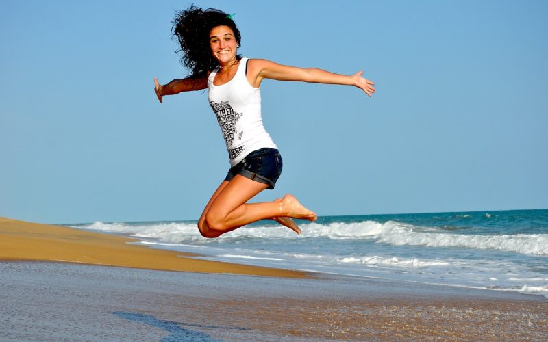 woman, beach, jump
